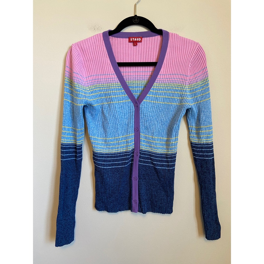 Staud Womens Cargo Ribbed Colorblocked Cardigan Multi Pink Blue Striped Large - Picture 2 of 7